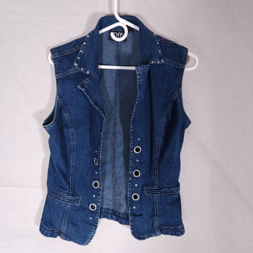 "Ethyl Vintage" Womens Denim Vest Small Rhinestones Grommet Blue Western Boho